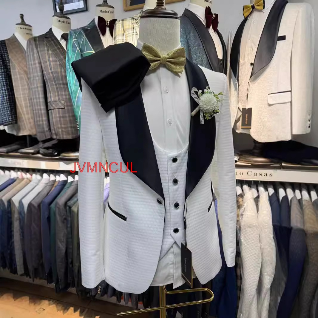 Men'S Formal Wear For Reception - 2026 Erkek Beyaz Jakarlı 3 Parça
