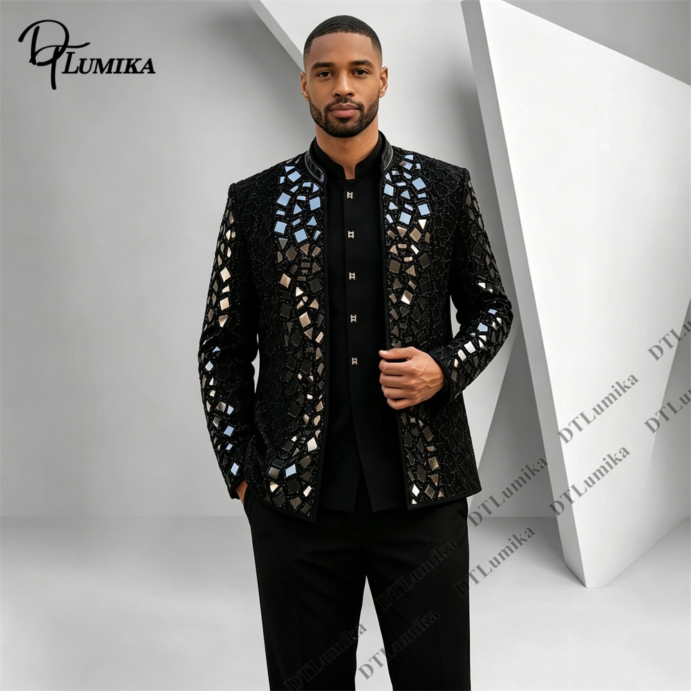 Men'S Formal Wear For Office - Erkekler Siyah Mandarin Yaka Takım Elbise